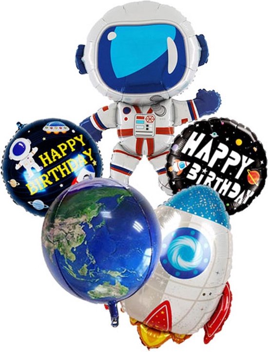 GroteBallonnenset Astronaut/ Ruimte - 5 folie ballonnen met lint en rietje - XL space mannetje raket aardbol ruimtevaart feestversiering - Helium ballonnen - Thema kinderfeestje Verjaardag versiering Feestpakket Happy Birthday party Cadeau decoratie