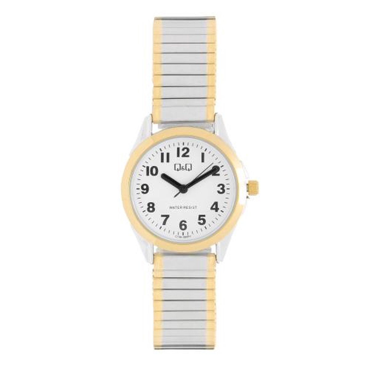 QQ C13A-000PY - Horloge - Analoog - Dames - Vrouwen - Rekbare stalen band - Rond - Metaal - Cijfers - Zilverkleurig - Goudkleurig - Wit