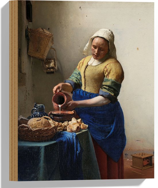 Hout - Het melkmeisje, Johannes Vermeer, ca. 1660 - 30x40 cm - 9 mm dik - Foto op Hout (Met Ophangsysteem)