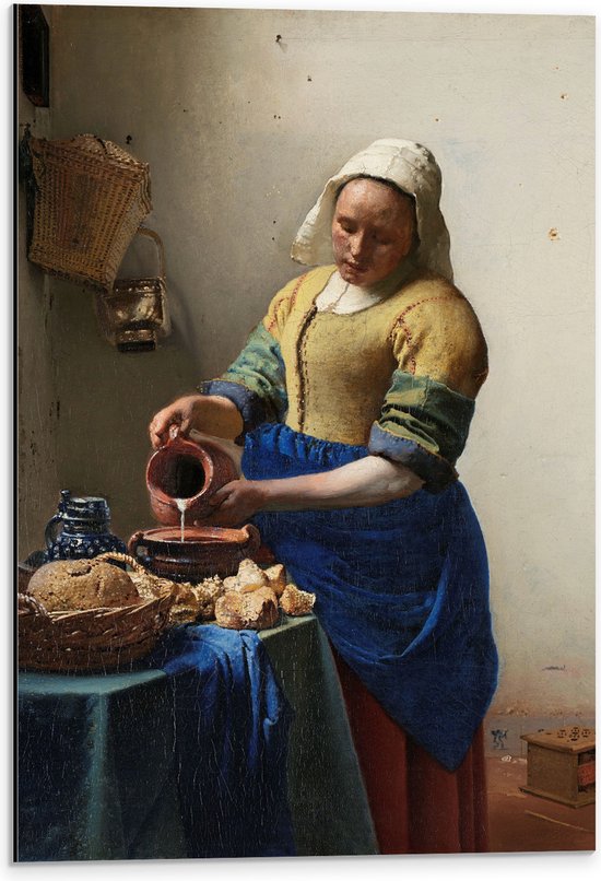 Dibond - Het melkmeisje, Johannes Vermeer, ca. 1660 - 40x60 cm Foto op Aluminium (Met Ophangsysteem)