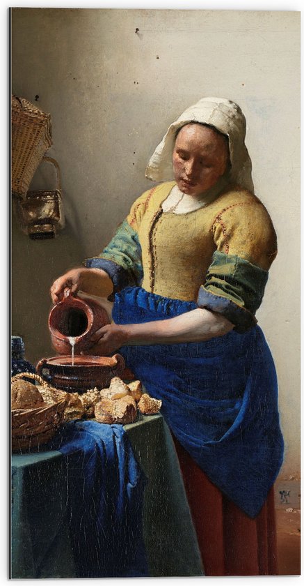 Dibond - Het melkmeisje, Johannes Vermeer, ca. 1660 - 50x100 cm Foto op Aluminium (Met Ophangsysteem)