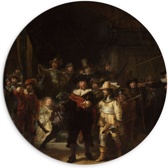 Dibond Muurcirkel - De Nachtwacht, Rembrandt van Rijn, 1642 - Oude Meesters - 100x100 cm Foto op Aluminium Muurcirkel (met ophangsysteem)