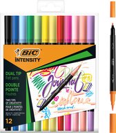 BIC Intensity Dual Tip Classic et Pastel Color Pens avec pointe pinceau flexible - Couleurs Assorti - Boîte de 12 - Pointe fine 0 mm