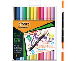 BIC Intensity Dual Tip Penseelstiften voor Tekenen en Kleuren - Viltstiften - Stiften voor Volwassenen - Pastel Kleurstiften met Flexibele Penseelpunt - 12 Stuks