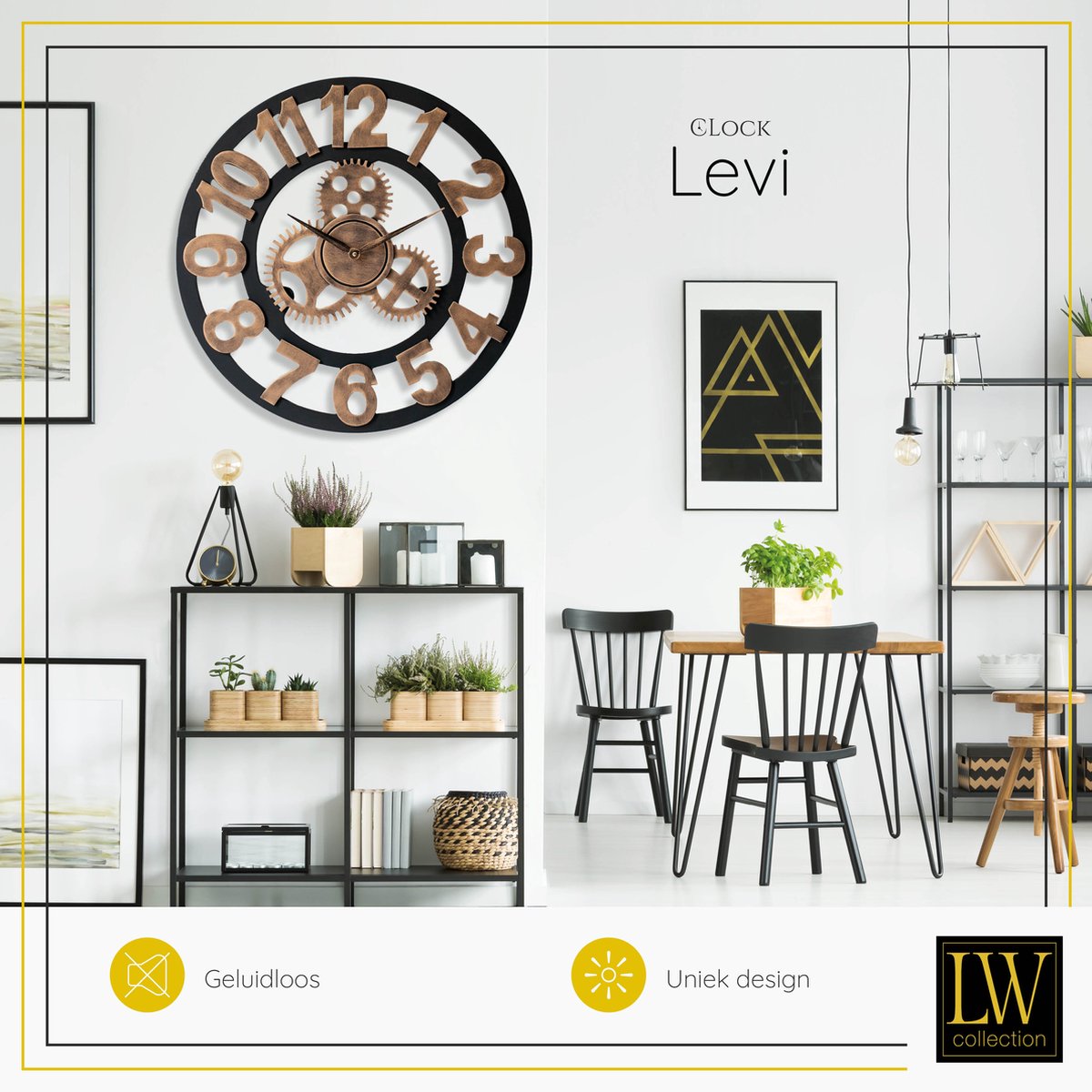 LW Collection wandklok brons 80cm - Grote moderne houten klok brons met tandwielen - Industriële wandklok - Landelijke wandklok stil uurwerk — cadeau in Wonen & Interieur - foto 3