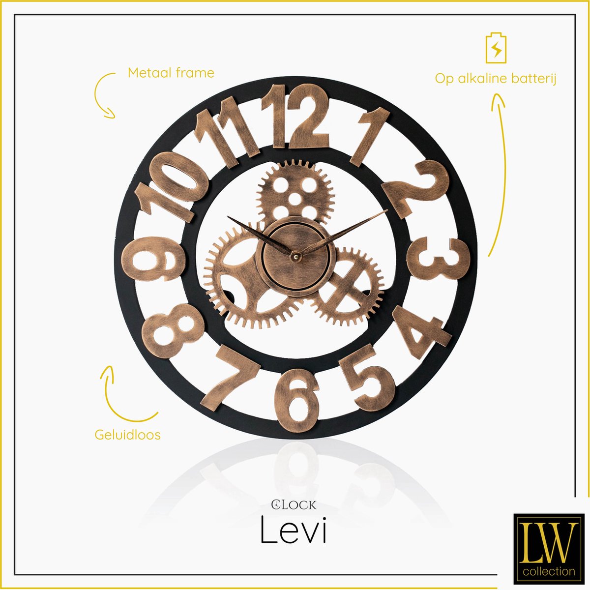 LW Collection wandklok brons 80cm - Grote moderne houten klok brons met tandwielen - Industriële wandklok - Landelijke wandklok stil uurwerk — cadeau in Wonen & Interieur - foto 5