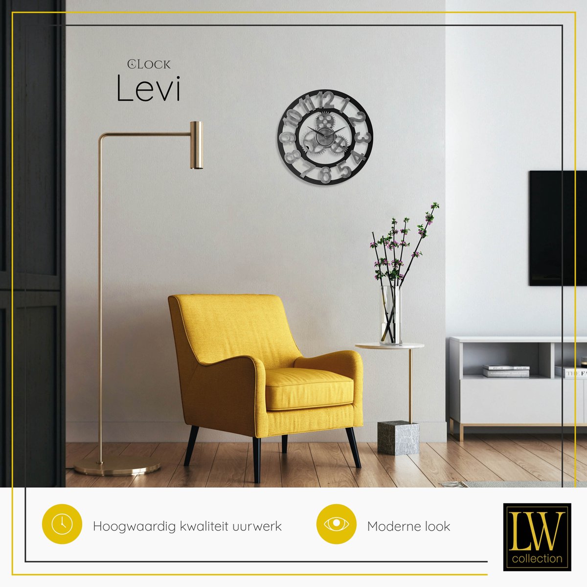 LW Collection Wandklok grijs zwart 40cm - Kleine houten landelijke klok met tandwielen - Industriële wandklok stil uurwerk — cadeau in Wonen & Interieur - foto 6
