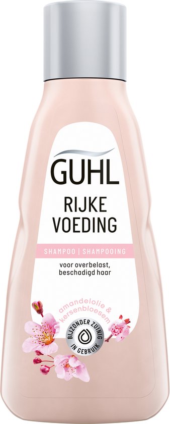 Guhl Rijke Voeding shampoo met amandelolie en kersenbloesem, in een roze fles.