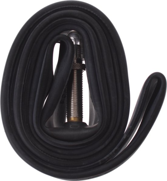 Zwarte, opgerolde Schwalbe fietsbinnenband met autoventiel (AV3).