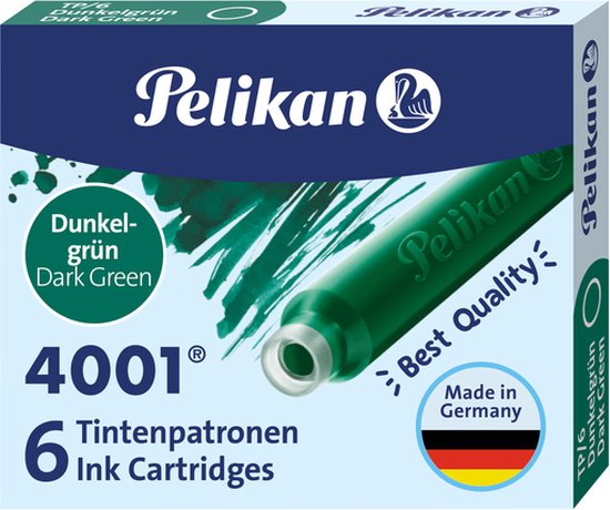 Boîte de 6 cartouches d'encre Pelikan 4001 vert foncé, "Best Quality", Made in Germany.