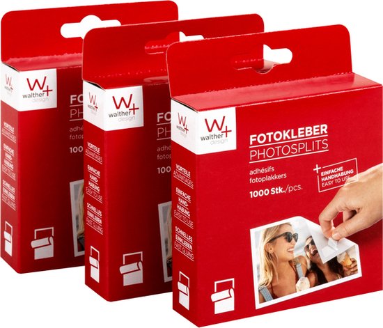 Drie rode dozen met Walther Design fototape. De dozen hebben een opdruk met 'FOTOKLEBER PHOTOSPLITS' en een afbeelding van een hand die foto's opplakt.