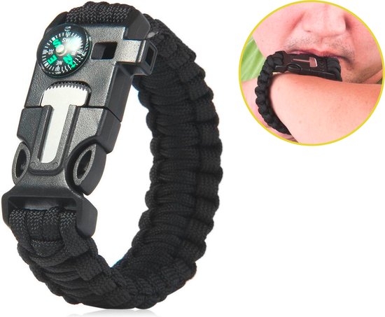 Bracelet de survie 4 en 1 avec paracorde noire, boussole, sifflet et allume- feu | bol.com
