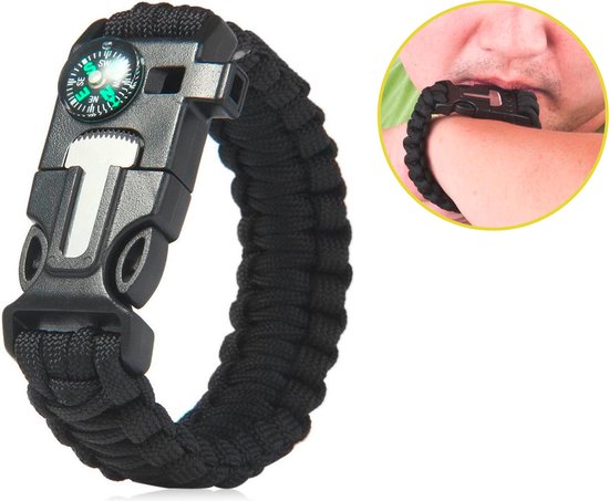 Bracelet de survie 4 en 1 avec paracorde noire, boussole, sifflet et  allume-feu | bol