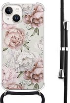 Hoesje met koord geschikt voor iPhone 14 - Klassieke bloemen - Inclusief zwart koord - Crossbody beschermhoes - Transparant, Beige - Mooie Telefoonhoesjes