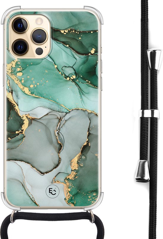 Coque iPhone 12 Pro Max avec cordon - Design marbré - Coque en Siliconen avec impression - Résistant aux chocs - Protection Extra - Cordon noir inclus - Bandoulière - Coque arrière - Transparent, Vert