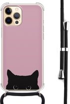 Hoesje met koord geschikt voor iPhone 12 Pro Max - Zwarte kat - Inclusief zwart koord - Crossbody beschermhoes - Transparant, Roze - Mooie Telefoonhoesjes