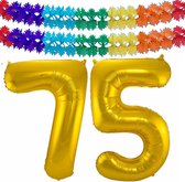 Folie ballonnen - Leeftijd cijfer 75 - goud - 86 cm - en 2x slingers