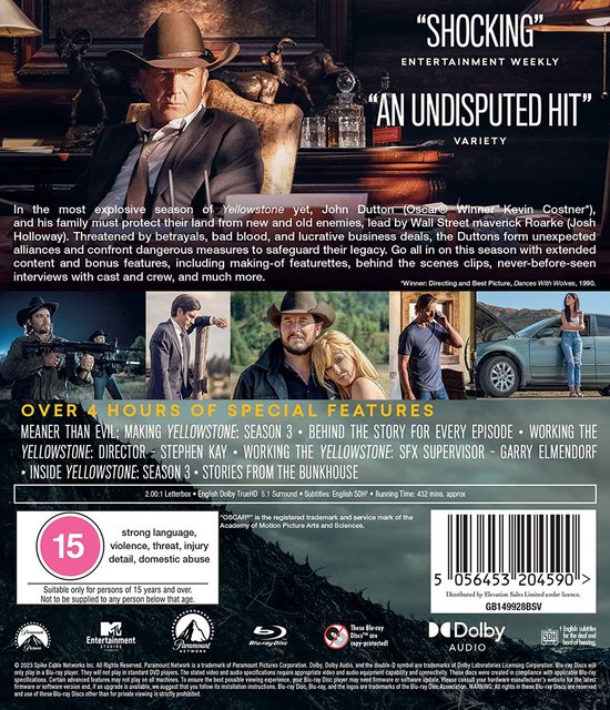 Achterkant van de Blu-ray hoes met tekst en afbeeldingen van Kevin Costner en andere castleden. "Yellowstone Seizoen 3".