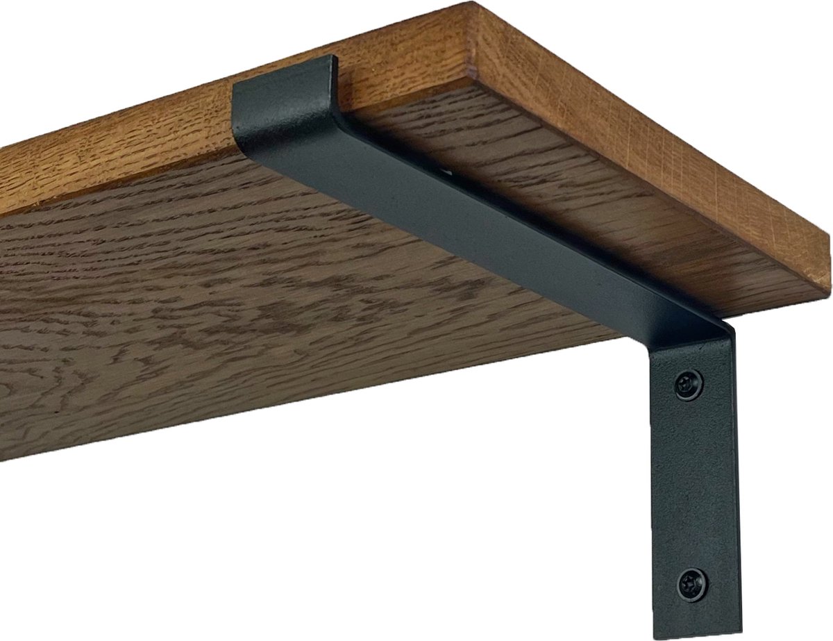 GoudmetHout Wandplank Industrieel - 80 x 25 cm Muurplank - Donker Eiken Hout - Decoratie Wandrek & Boekenrek - Hangplank Keuken - Wall Shelf + 2 Mat Zwarte Plankdragers van Staal Donker eiken - Mat Zwart 25 cm