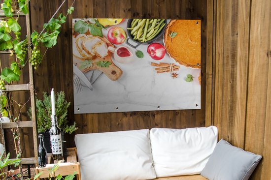Tuinposter 120x90 cm - Tuindecoratie Groente - Fruit - Vlees - Kruiden - Poster voor in de tuin - Buiten decoratie - Schutting tuinschilderij - Tuindoek muurdecoratie - Wanddecoratie balkondoek
