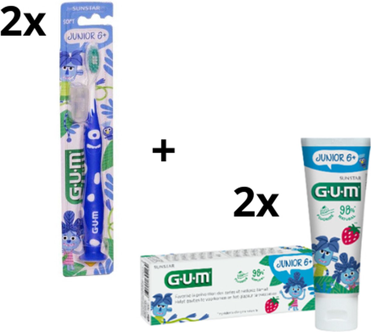 Goedkoopste GUM Junior 6 Voordeelpakket - 2x Tandpasta 50 ml 2x Tandenborstel (blauw