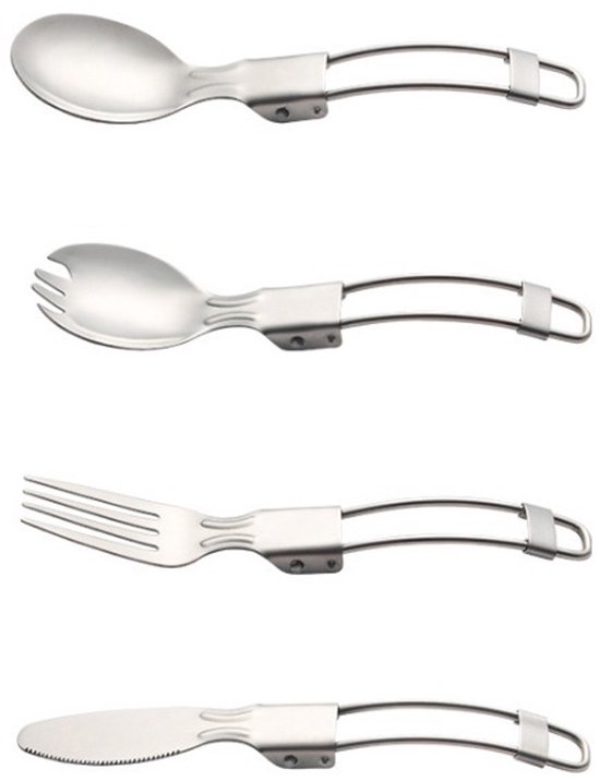 Un ensemble de quatre couverts de camping en acier inoxydable : une cuillère, une spork, une fourchette et un couteau, chacun avec une poignée pliable.