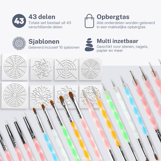 Dotting Tools 43 delig Mandala - Dotting Nail Art penselen voor Dot Painting - Mandala dotting inclusief Sjablonen EarKings - EarKings