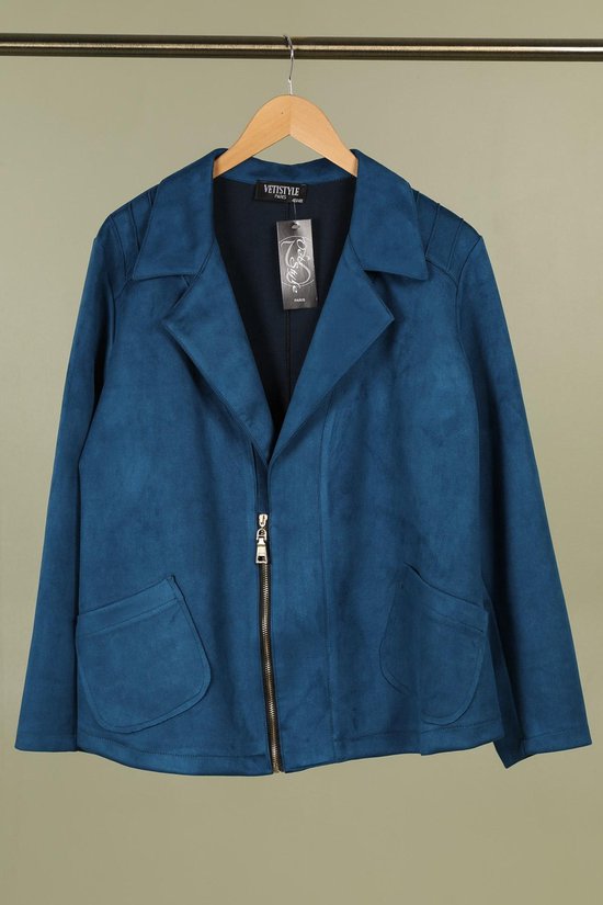 Kort daim vestje - rits tot halverwege - grote maten - marine blauw - maat 50/52