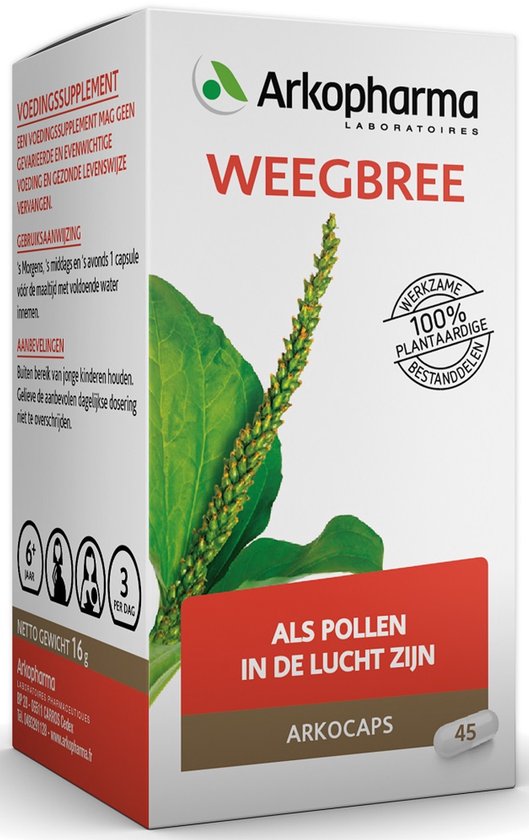 Doosje Arkocaps Weegbree supplement met groene plantafbeelding en rode band met tekst 'Als pollen in de lucht zijn'.