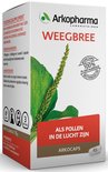 Doosje Arkocaps Weegbree supplement met groene plantafbeelding en rode band met tekst 'Als pollen in de lucht zijn'.