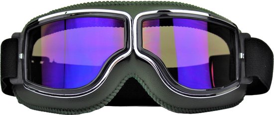 CRG Cruiser Motorbril - Donkergroen Leren Motorbril - Retro Motorbril Heren - Blauw Glas