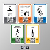 Brisz afvalstickers met afbeelding set van 5 afval stickers - Scan QR code, leer en weet meer per afvalstroom | Afval scheiden | Recycling stickers | Restafval | Papier | PMD | GFT | Glas