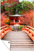 Tuinposter - Tuindoek - Tuinposters buiten - Brug - Pagode - Japans - Rood - Natuur - 80x120 cm - Tuin