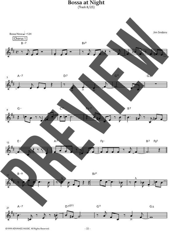 Muziekblad met akkoorden en noten voor 'Bossa at Night'.