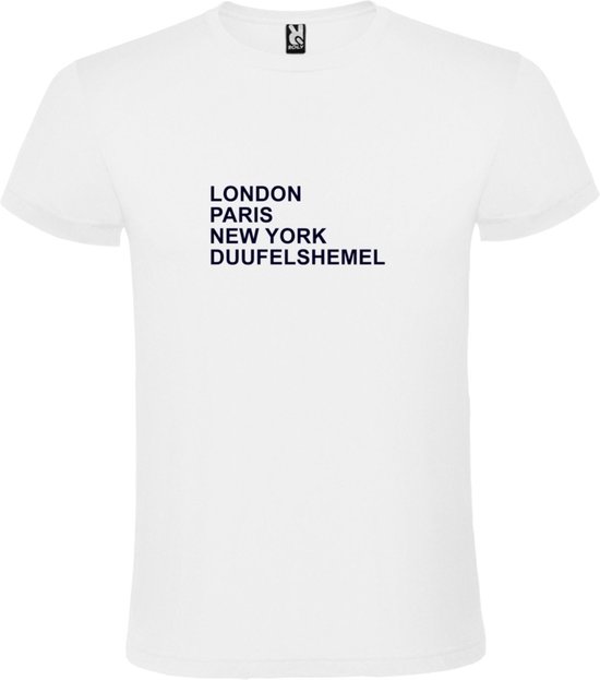 wit T-Shirt met London,Paris, New York ,Duufelshemel tekst Zwart Size XXXXL