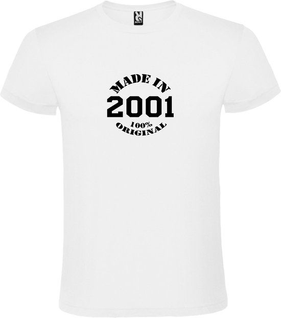 Wit T-Shirt met “Made in 2001 / 100% Original “ Afbeelding Zwart Size XS