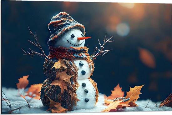 Dibond - Sneeuwpop met Takken Armen tussen de Herfstbladeren - 90x60 cm Foto op Aluminium (Met Ophangsysteem)