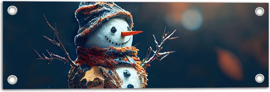 Tuinposter – Sneeuwpop met Takken Armen tussen de Herfstbladeren - 60x20 cm Foto op Tuinposter (wanddecoratie voor buiten en binnen)