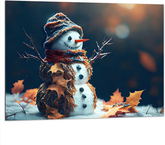 Dibond - Sneeuwpop met Takken Armen tussen de Herfstbladeren - 100x75 cm Foto op Aluminium (Wanddecoratie van metaal)