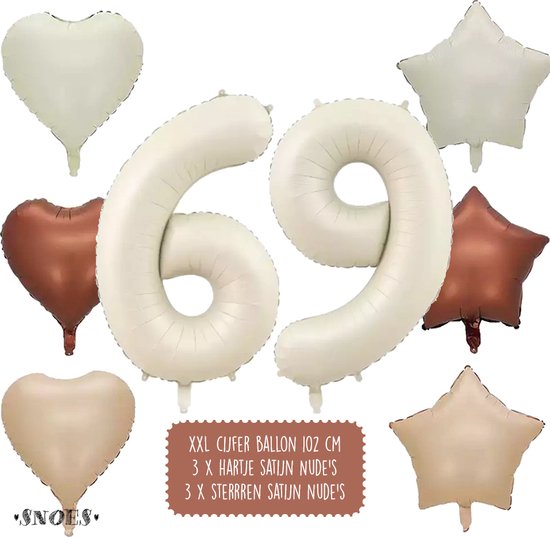 69 Jaar Cijfer Ballon - Snoes - Satijn Creme Nude Ballonnnen - Heliumballon - Folieballonnen