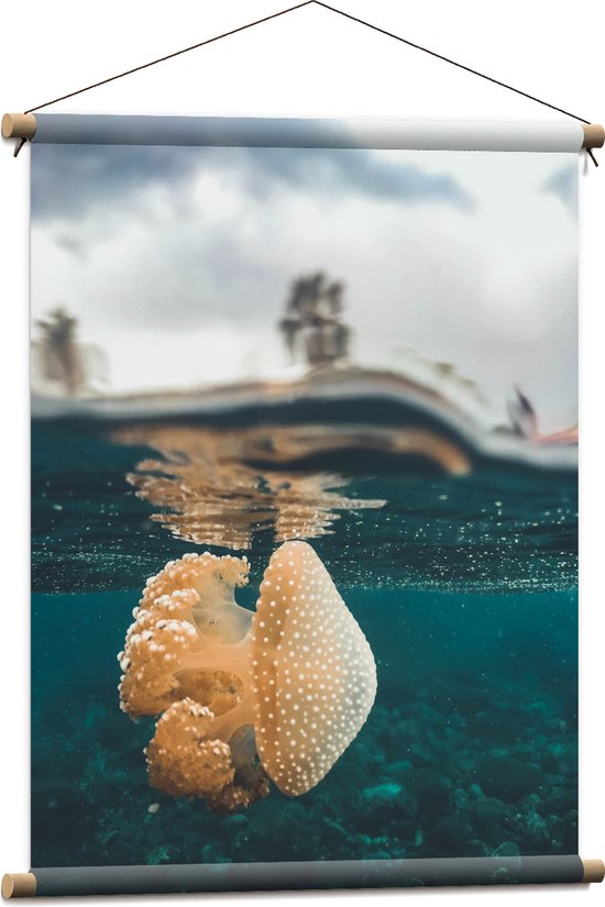 WallClassics - Affiche textile - Méduse de couleur beige dans l'océan bleu - 60x80 cm Photo sur textile