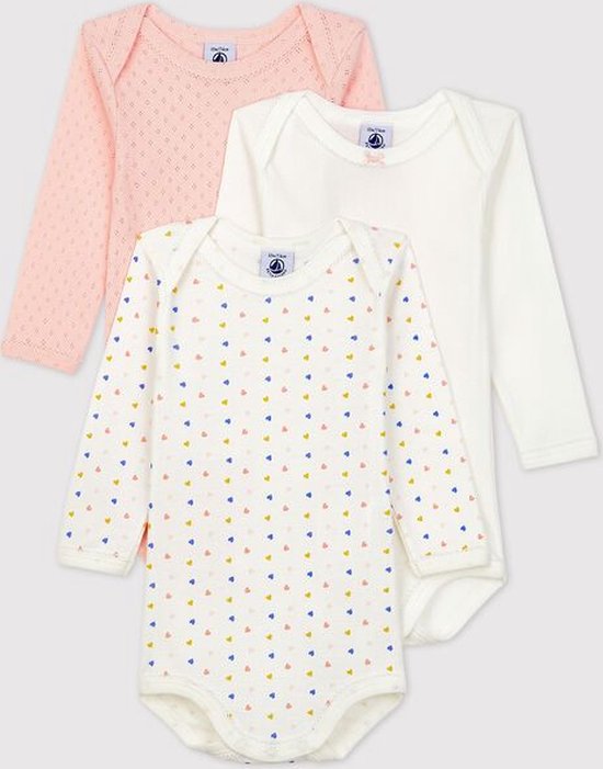 Petit Bateau 3 pak rompertjes lange mouw hartjes roze 36m