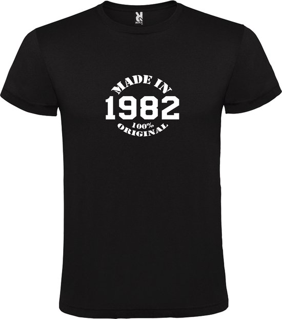 Zwart T-Shirt met “Made in 1982 / 100% Original “ Afbeelding Wit Size XS