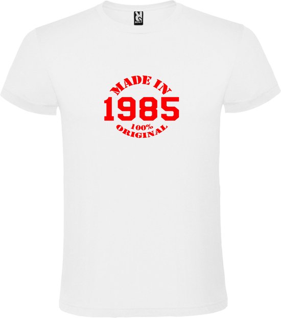 Wit T-Shirt met “Made in 1985 / 100% Original “ Afbeelding Rood Size S