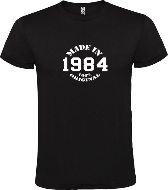 Zwart T-Shirt met “Made in 1984 / 100% Original “ Afbeelding Wit Size XS