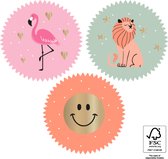 Sluitsticker - Sluitzegel - Leeuw - Flamingo - Hart - Smiley - 3 assorti | Oranje - Roze - Groen - Goudfolie - Pastel - Kartel rand | Stickers Kinderen - Kids - Jongen - Meisje | Envelop sticker | Gift – Cadeauzakje | Traktatie - DH collection