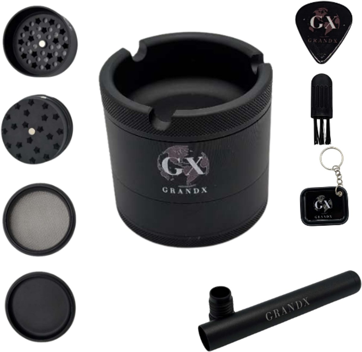 Grand X - Grinder - Grind 'n Ash - Crusher - Metaal - 4 Lagen - Zwart - Volledige Grind Set - Kruidenmaler