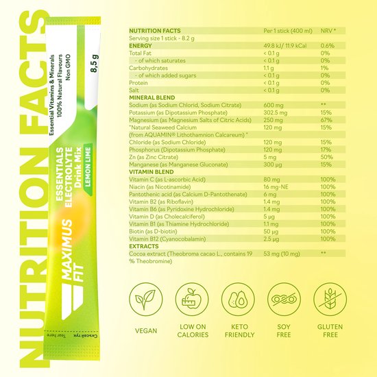 MaximusFit Elektrolyten - Elektrolyten Poeder - 32 zakjes van 8.5g - Weinig Suiker - Keto Friendly - Mix (8st. Citroen/Limoen, 8st. Watermeloen, 8st. passievrucht, 8st. Bosvruchten) van Merkloos — afbeelding 2