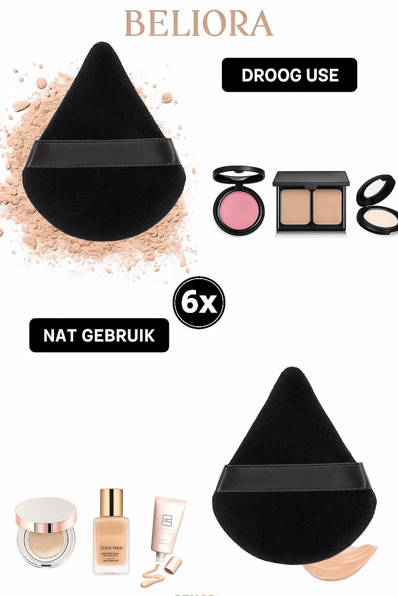 Make-up Sponsjes – Powder Puff Driehoek – Beauty Blender – Poederspons – 6 Stuks – Zwart