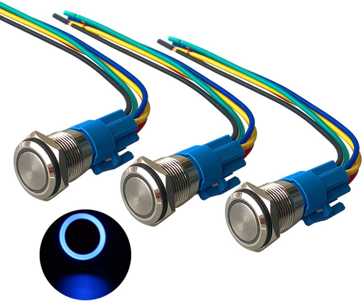 Pack van 3 premium 12 V / 24 V 5 A Moment Push Button Switch - Push Button Switch 16 mm - Blauwe LED Schakelaar - Waterdicht - IP67 - Inclusief Plug Kabel